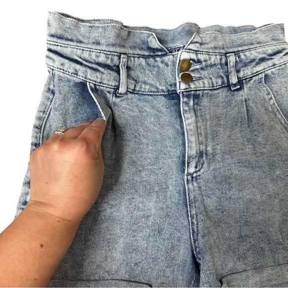 Denim Jean Shorts Cuffed Acid Wash Retro Pleated High Rise Boho Cute Girls Sz 16 - Picture 4 of 7